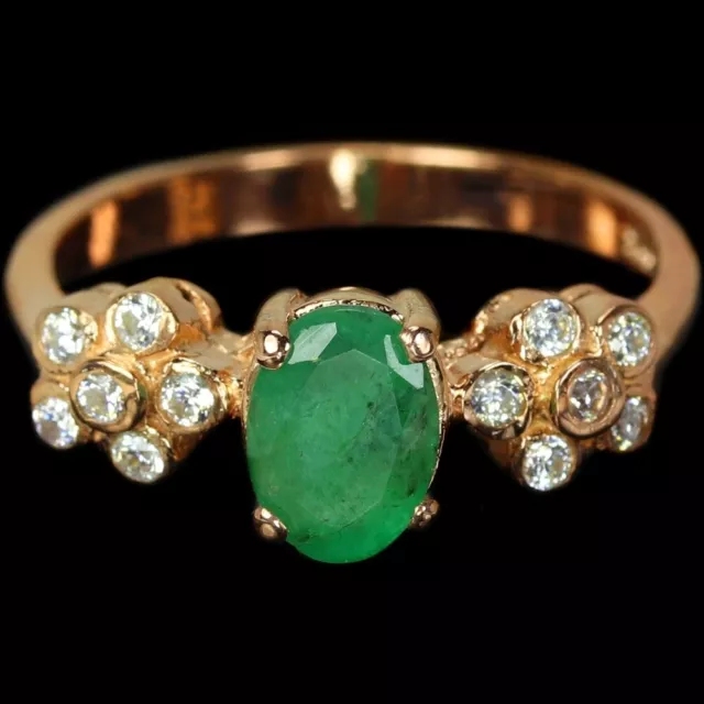 NATURAL AAA GREEN Emerald Oval & White Cz Stelring 925 Silver Ring Size ...