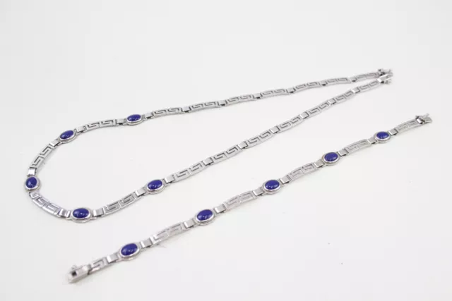 Sterling Silver Jewellery Set Bracelet Necklace Greek Key Lapis Set x 2 (19g)