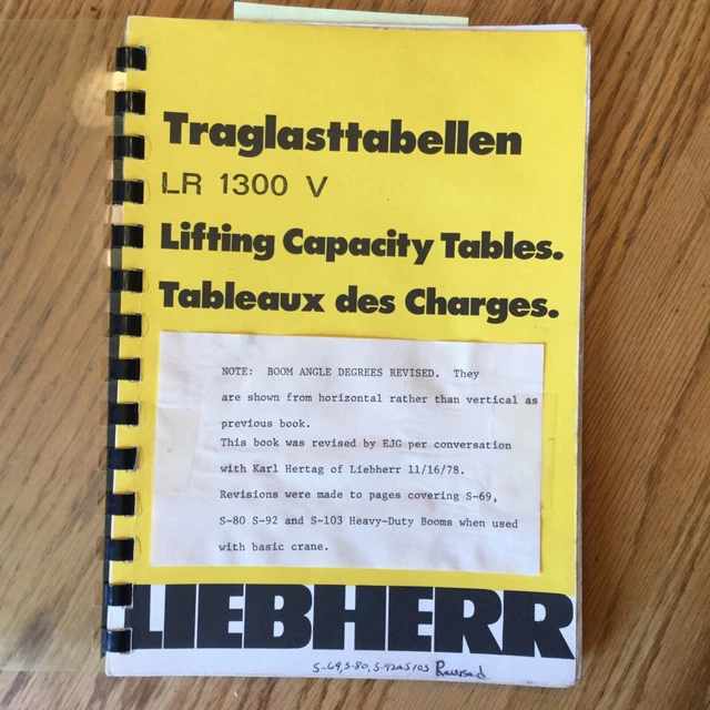 LIEBHERR LR1300V CRAWLER CRANE LIFTING CAPACITY TABLES LOAD CHARTS BOOK