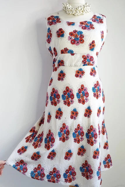 SEASALT Dress Fit & Flare Tea Dress TREFFERY Cotton Cream Ivory Floral Sz UK 14