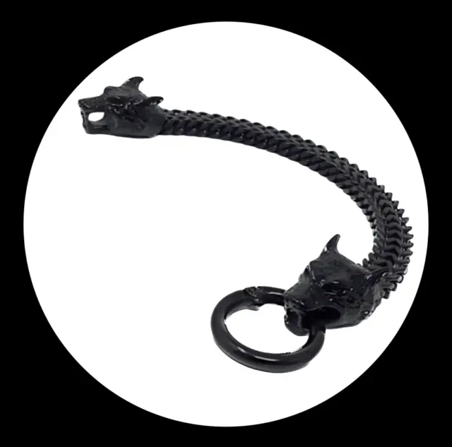 Gothic Black Stainless Steel Viking Wolf Bracelet for Men, Fits 7" - 7.5" wrist