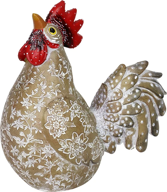 Brown Rooster Statue, Hand Painted, Durable Resin Home/Garden Farmhouse Décor, 6