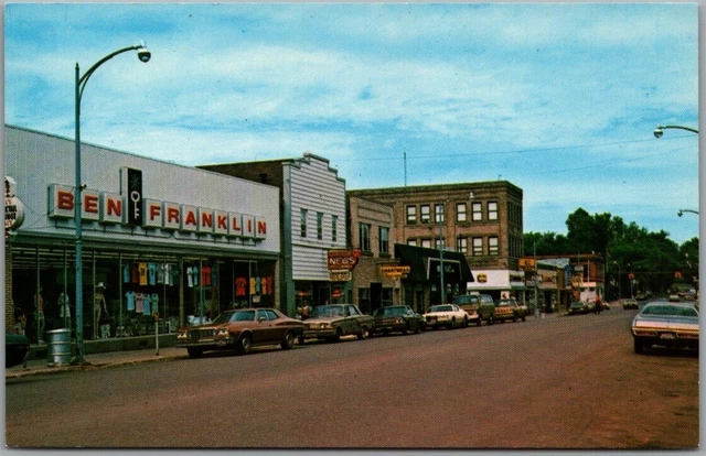 Vintage IRON RIVER, Michigan Postcard Downtown Street Scene c1960s Chrome Unused