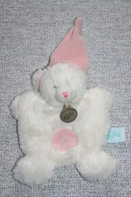 Babynat Baby Nat Doudou Ours Plat Blanc Bonnet Lutin Rose Croix  Etat Neuf
