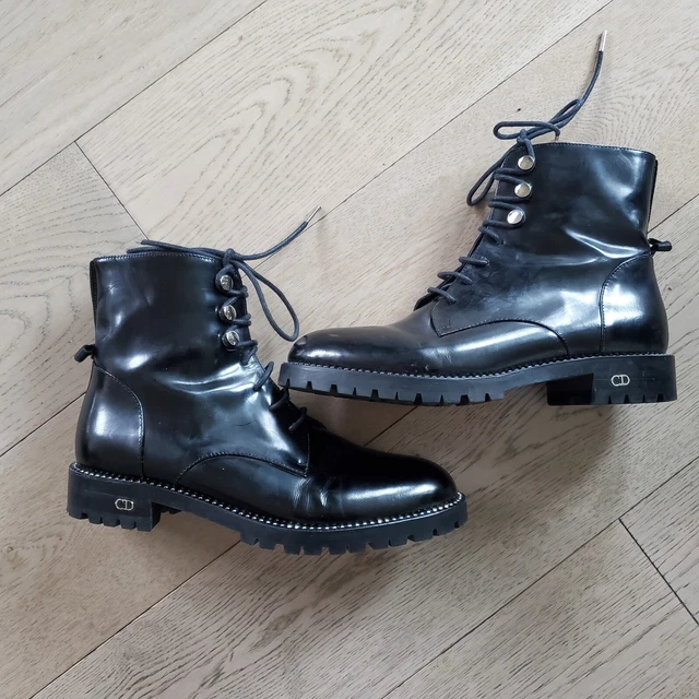 CHRISTIAN DIOR BLACK LEATHER COMBAT ANKLE BOOTS Crystal Embellish SM 0416 Sz 38