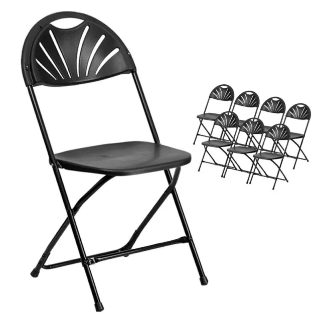 Black Plastic Folding Chairs Outdoor Fan Back 300lb Capacity Steel Frame 8 Pack
