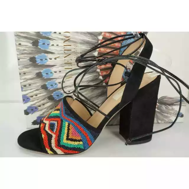 Valentino Garavani Black Suede Tribal Beaded Lace-Up Heel Sandal SZ 38 NIB $1375