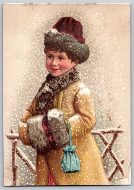 Ivers and Pond Soft Top Pianos Victorian Trade Card - Girl Winter Warm Coat Snow