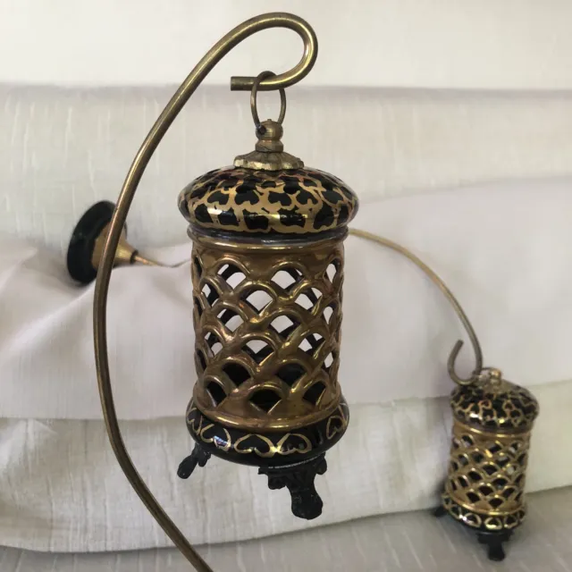 Pair Small Gold Black Metal Asian Tea Candle Incense Wall Hanging Lanterns