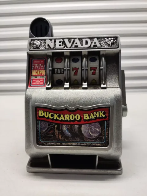 Vintage Buckaroo Mini Slot Machine Toy Gambling Bank Metal Las Vegas Nevada 9"