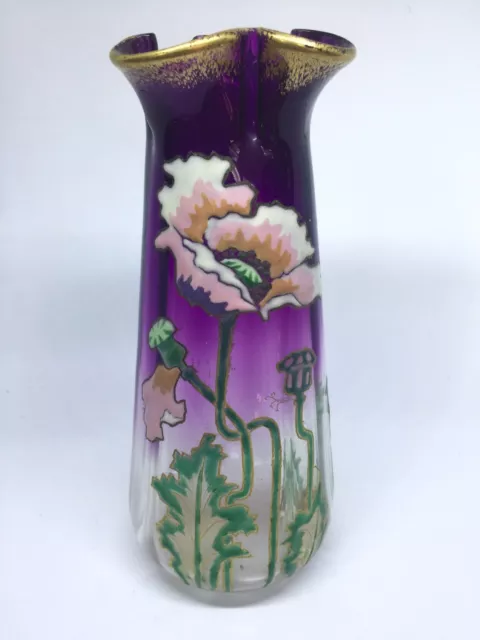 Extremely Beautiful Large Antique French Mont Joye Glass Vase, Poppies Flowers