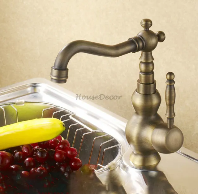 Antique Brass Vintage Kitchen Basin Sink Mixer Tap Swivel Spout One Hole Faucet