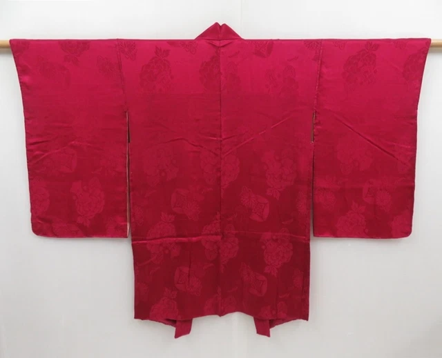 3015T07z370 Vintage Japanese Kimono Silk HAORI Flowers Red-Pink