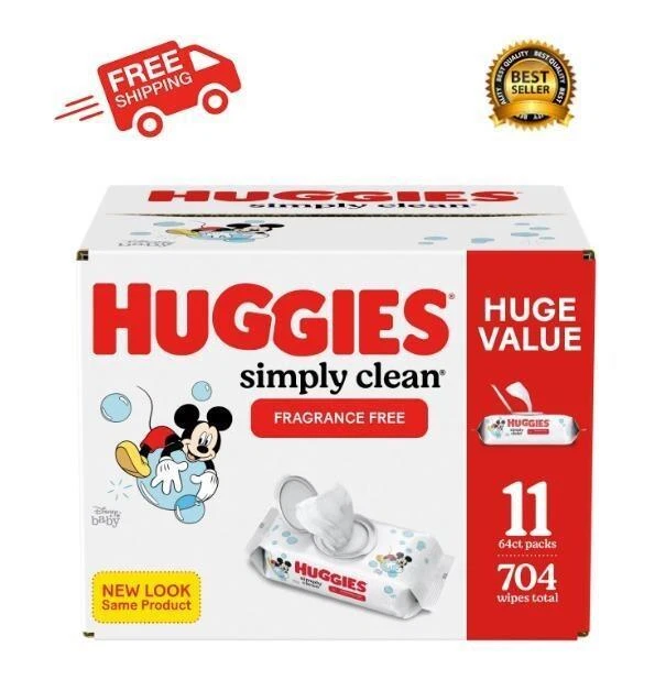Huggies Simply Clean Unscented Baby Wipes, 11 Flip-Top Packs (704 Wipes Total)