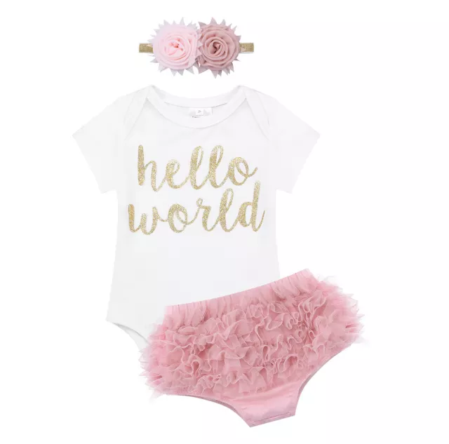 Newborn Baby Girls Outfit Clothes Hello World Romper Bloomers Headband 3Pcs Set