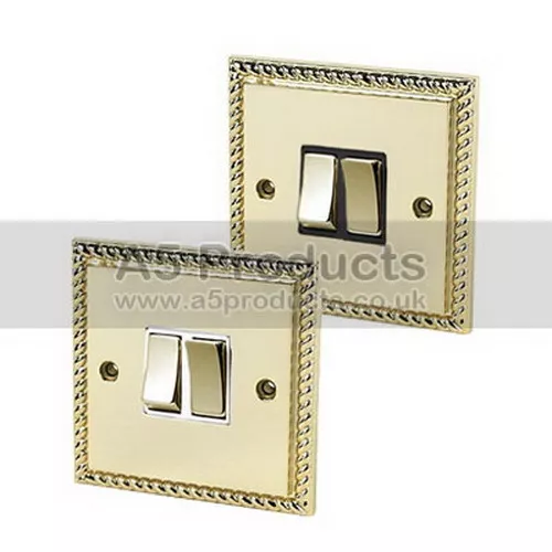 10 Amp 2 Way Double Light Switch 2 Gang in Polished Brass GEORGIAN Style Plate