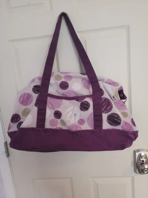 Thirty-One Weekender Bag Purple Polka Dot Canvas Gym Beach Duffle Pockets Zip