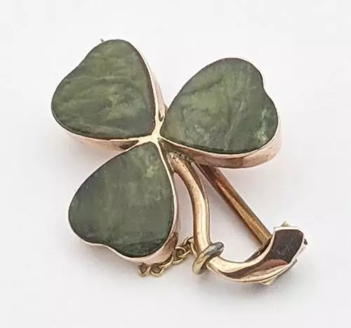 IRISH CLOVER / SHAMROCK 9CT GOLD & MOSS AGATE BROOCH c1900's