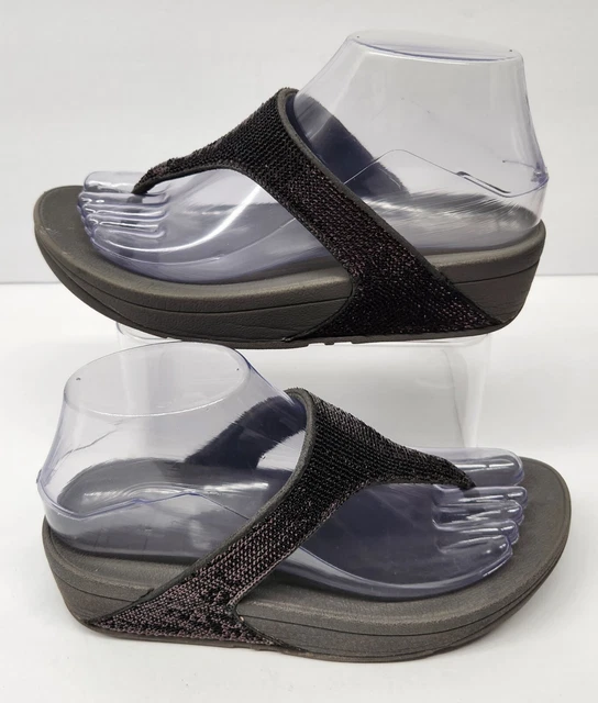 FITFLOP Electra Wobbleboard Womens Size 6M Black Sequin T Post Flip Flop Sandals