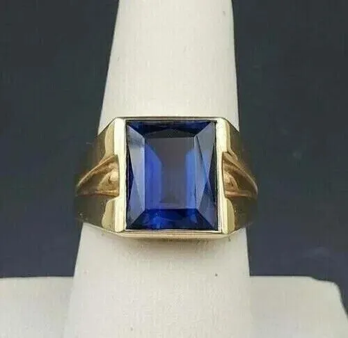 3Ct Emerald Cut Natural Blue Sapphire Men's Engagement Ring Real 14k Yellow Gold