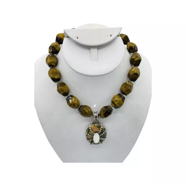 Vintage .925 Sterling Silver Tigers Eye Pearl Unakite Necklace