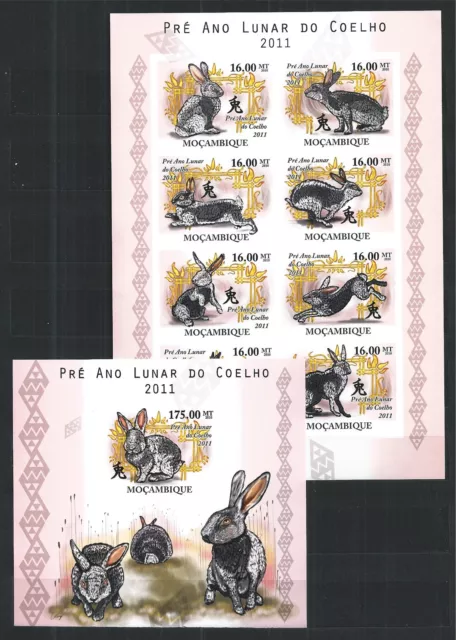 Mozambique Mosambik 2010 Block Mini Sheet Set Imperf Rabbit Hare Lunar Year Mnh