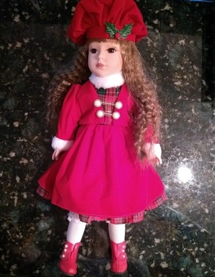 Brunette Porcelain XMas Doll in Red Dress- Vintage- Good Condition- 16 inches