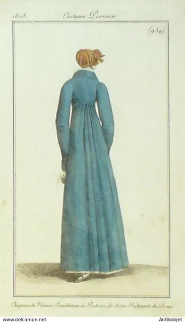 Gravure de mode Costume Parisien 1808 n° 934 Redingote de drap