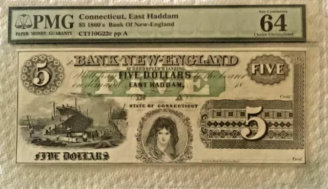 1860'S $5 Bank Of New-England, Goodspeed's Landing Bank Note - Pmg 64 Choice Unc