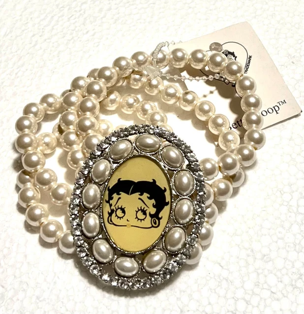 Betty Boop -Bracciale elastico con 4 file di perle bianche e zirconi luminosi -