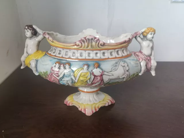 Antique Large Capodimonte Vase Footed Centerpiece Bowl Putti Handles & Horses