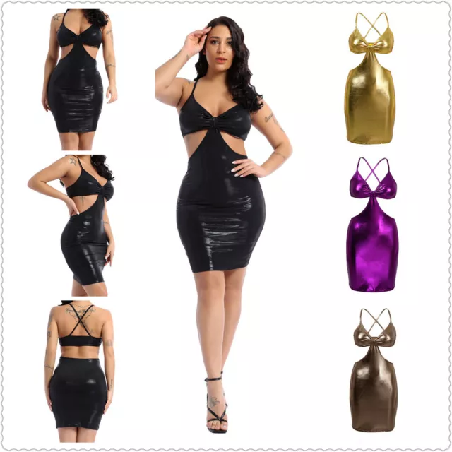 Sexy Womens Shiny Metallic Cut Out Spaghetti Strap Mini Dress V Neck Clubwear