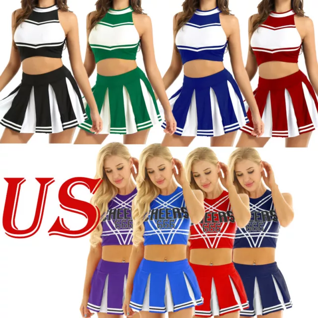 US Cheerleader Uniform Costume Women School Girl Fancy Dress Cosplay Skirt Set