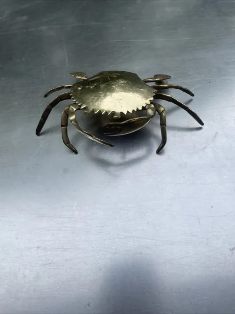 Brass Crab Trinket Box Tray Ashtray Vintage Sea Varmint Hinged Shell Top