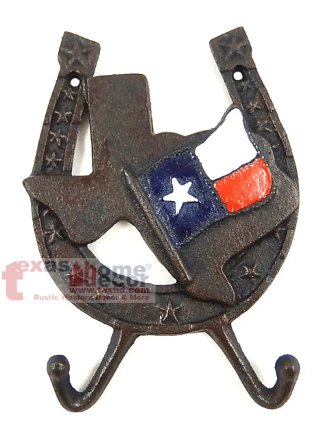 Texas Flag Key Hooks Rack Coat Holder Cast Iron TX Map Shape Horseshoe 7.5" Tall