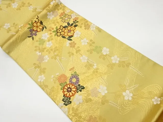 6528112: Japanese Kimono / Vintage Fukuro Obi / Woven Floral Plants & Stream