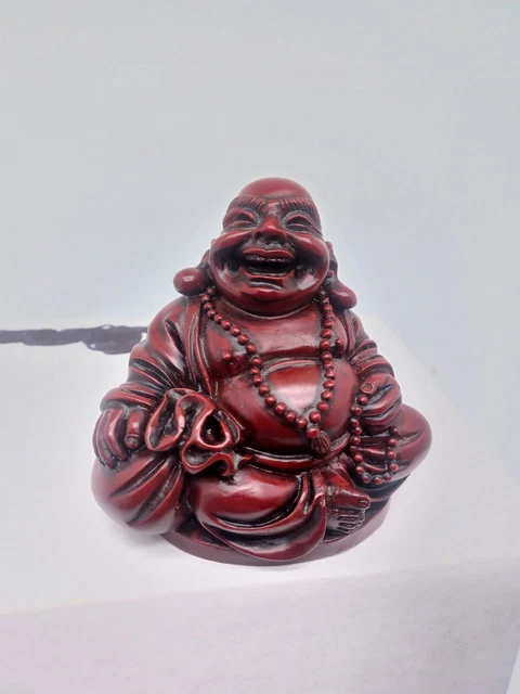 VINTAGE SEATED BUDDHA WITH MONEY BAG RED RESIN FIGURE 3" Happiness Wealth