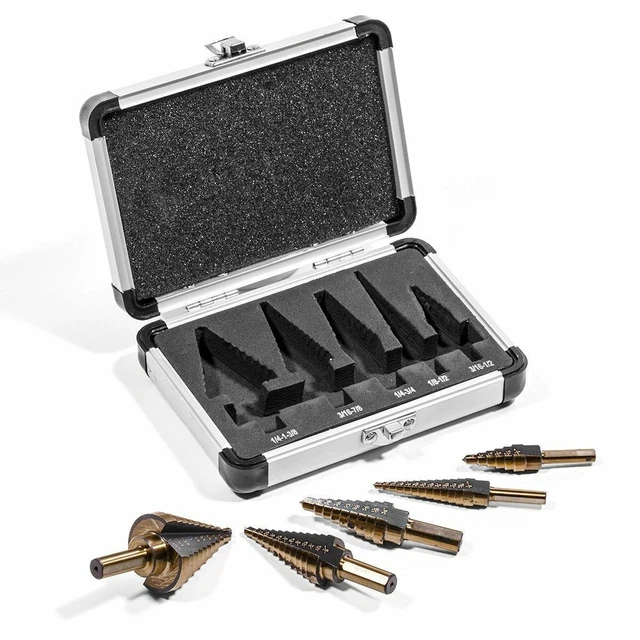 5Pc Pro Titanium Step Hss Polished Drill Bit Set Aluminum  Case Sae Standard 2
