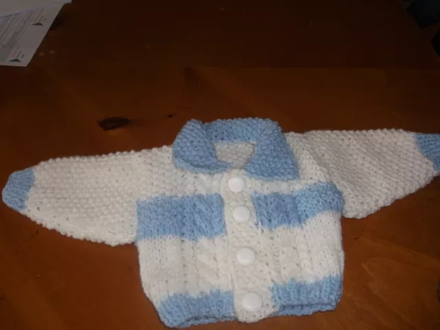 Brand New Hand Knitted Baby Boys   Blue & White  Aran Cardigan With Collar