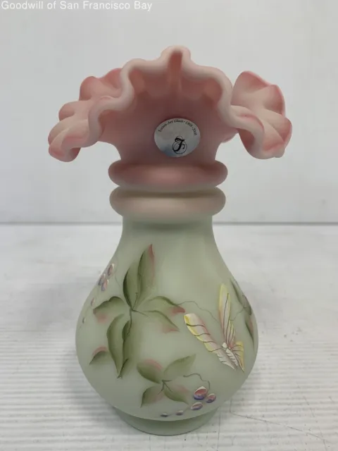 Fenton Lotus Mint Burmese Berry And Butterfly Flower Table Vase Artist Signed