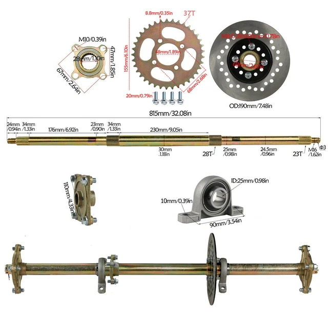 Atv Rear Axle 32''INCH GO KART Golf ATV Rear Axle Kit Sprocket Hub Pillow Block for ...