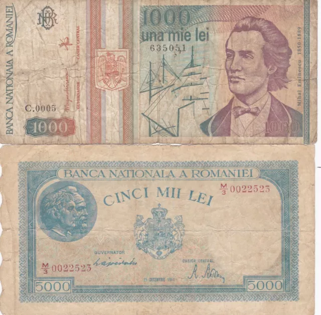 Set of 2 banknotes Romania 1000, 5000 Lei 1944-93 F/VF