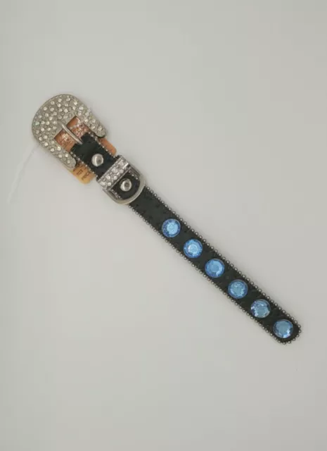 Dog or Cat Collar 8" Black Leather with Blue Rhinestones and Belt Buckle Style