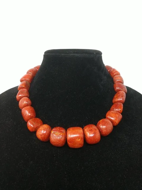 CHUNKY! 18" Red Sponge Coral Necklace GRADUATED Beads STERLING SILVER 925