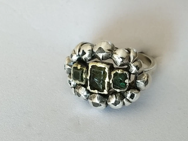 Bague Ancienne En Argent Massif 850 Avec Pierre Verte (chrysoprase) - Occasion, Design Unique