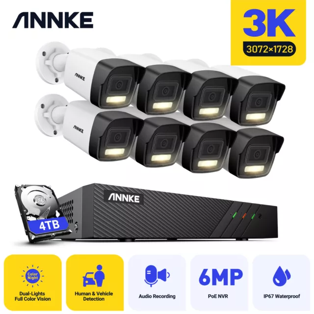 ANNKE 3K 5MP Color CCTV Camera System 8CH 6MP POE IP Video NVR Audio In Recorder