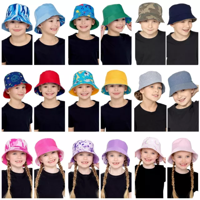 Kids Bucket Hat Boys Girls Cotton Polyester Reversible Summer Lightweight Hats