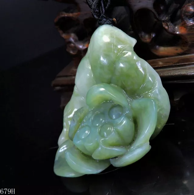 100% Natural Hand-carved Jade Pendant Jadeite Necklace lotus flower G679H