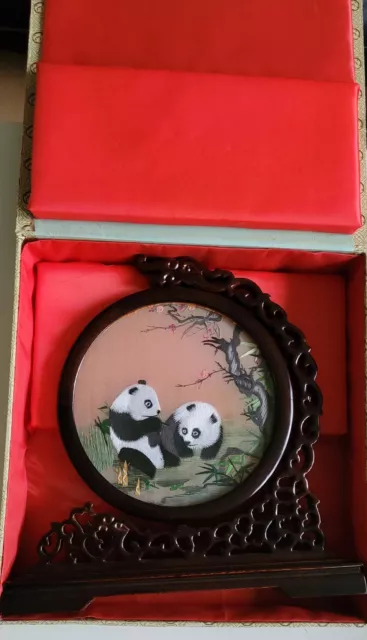 Chinesische Kunst Panda Holz Suzhou Dekoration doppelseitig Seidenstickerei 3