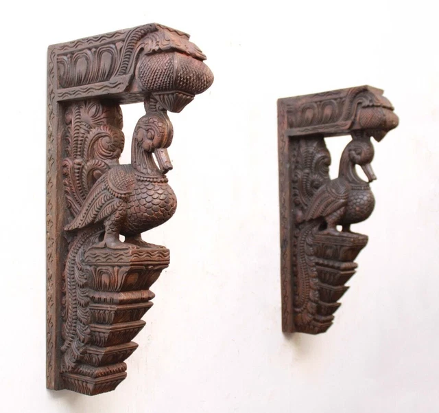Wooden Wall Bracket Peacock Corbel Bird Pair Statue Door Home Garden Decor Shelf